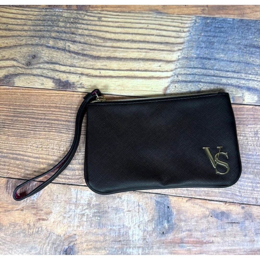 Victoria's Secret Women's Black Clutch Wristlet VS Logo Faux Leather Pink Lining